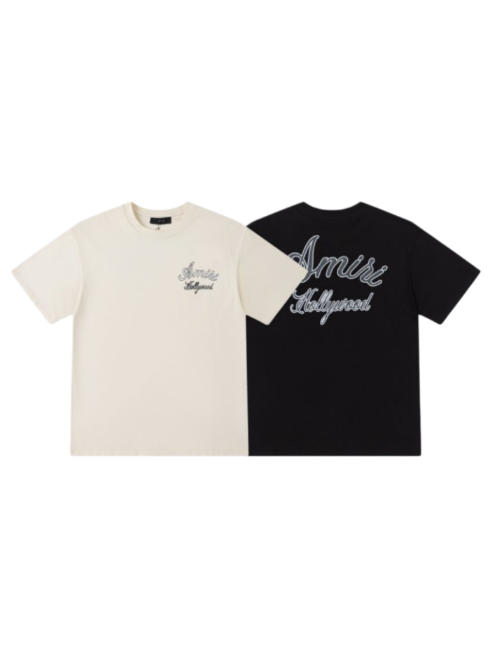 Minimal Retro Streetwear Front Left Chest Small Double Line Cursive Hollywood Embroidery Back Large Outline Script Letter Embroidery Tee 2 colors 29340812