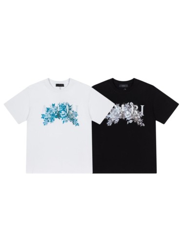 Vintage Luxury High Street Front Center Gradient Blue Gray Floral Bouquet Overlay Letter Oversized Tee 2 colors 29341037