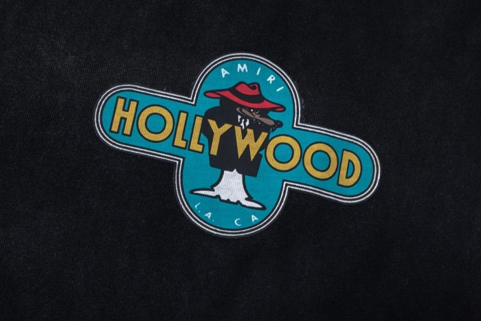 Vintage Washed Streetwear Front Left Chest Mini Cross Badge Wolf Logo Print Back Large Cross Frame Cowboy Wolf HOLLYWOOD Letter Tee 29340753