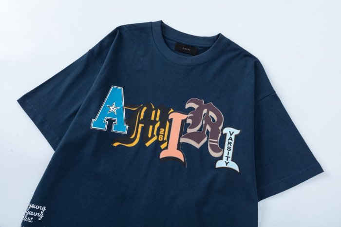 Varsity Streetwear Front Multi Color Patchwork Gothic Letter Print Side Vertical Small Text Graphic tee 2 colors 28748564