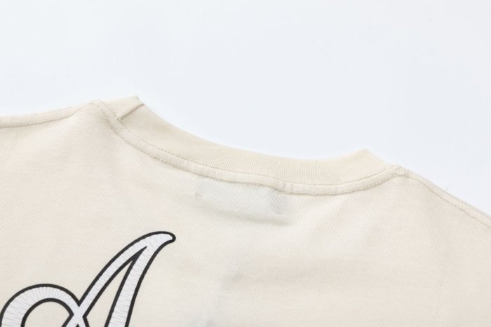Minimal Retro Streetwear Front Left Chest Small Double Line Cursive Hollywood Embroidery Back Large Outline Script Letter Embroidery Tee 2 colors 29340812