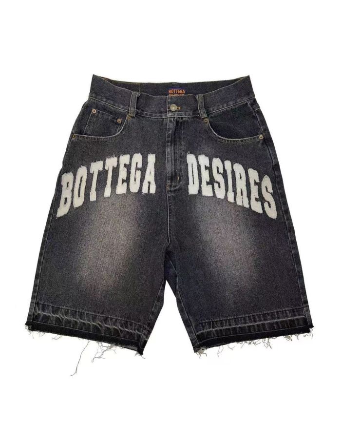 Vintage Arch Slogan Frayed Embroidery Denim Shorts 2 colors 29340688