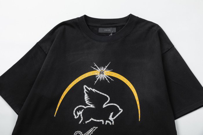 Vintage Luxury High Street Front Full Rhinestone Winged Pegasus Golden Arch Cursive Logo Oversized Tee 29340906