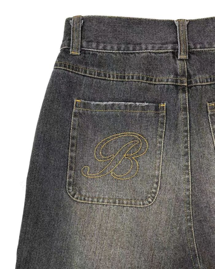 Vintage Arch Slogan Frayed Embroidery Denim Shorts 2 colors 29340688