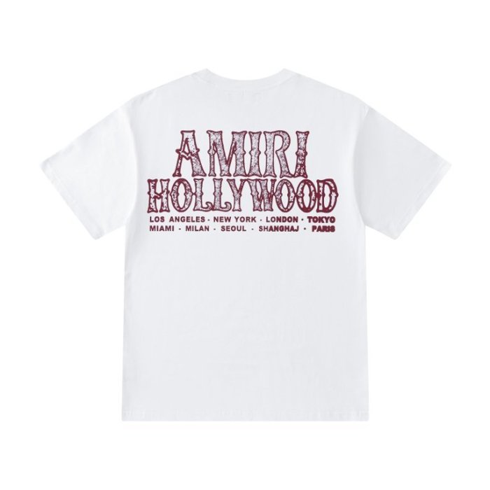 Red Crackle HOLLYWOOD Text Print Back Large Faded Gothic Letter World City List Print Oversized Tee 2 colors 29340745