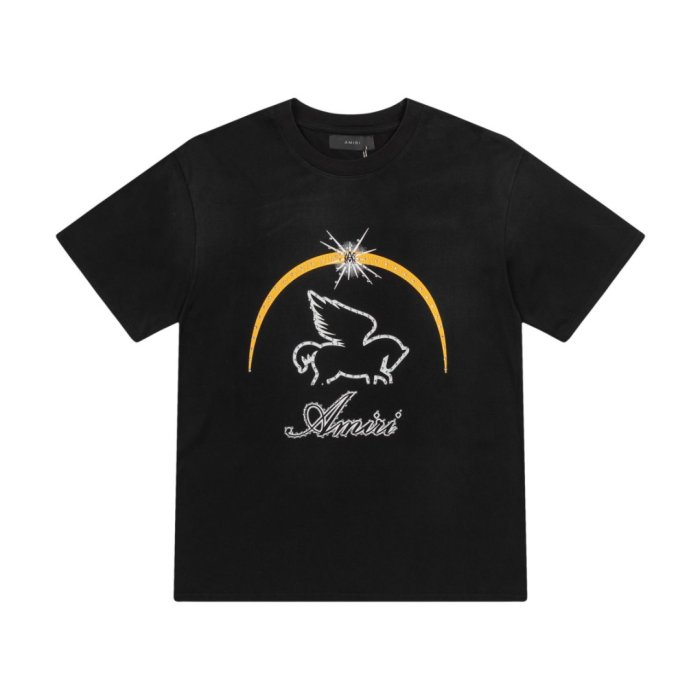 Vintage Luxury High Street Front Full Rhinestone Winged Pegasus Golden Arch Cursive Logo Oversized Tee 29340906