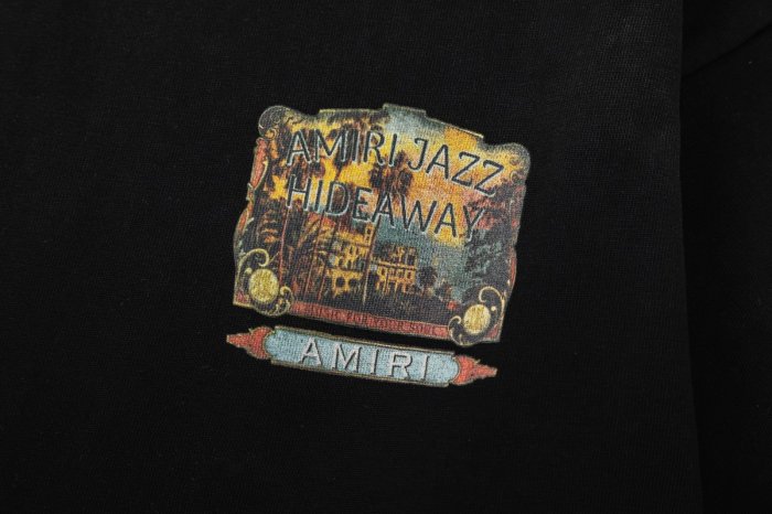 American Retro Jazz Culture Front Tiny Faded Jazz Hideaway Tag Back Full Color Tropical Villa Sunset Music Slogan Print Tee 29340971