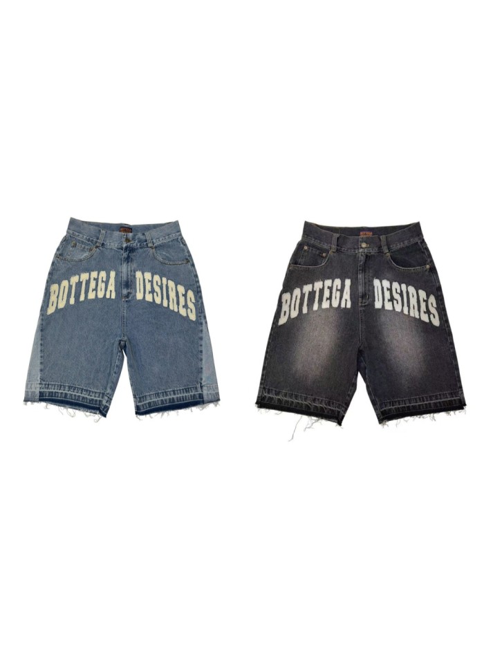 Vintage Arch Slogan Frayed Embroidery Denim Shorts 2 colors 29340688