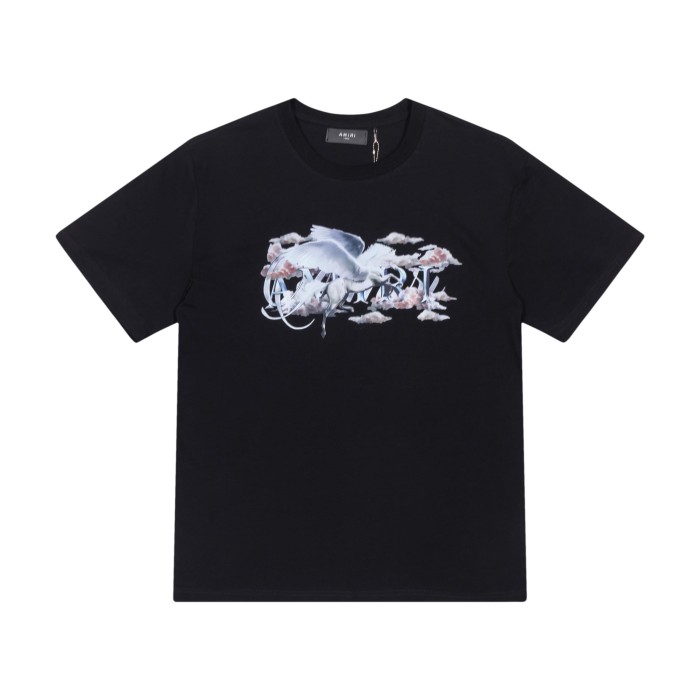 Vintage Luxury High Street Front Center White Crane Pink Cloud Overlay Gothic Amiri Letter Oversized Tee 2 colors 29342422
