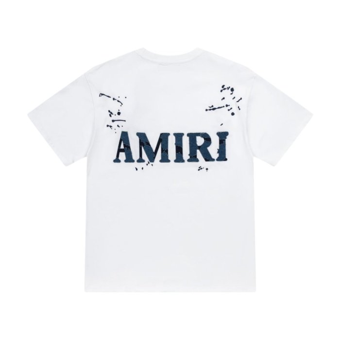 Denim Patch M Logo Ink Splatter Ripped Fabric Print Back Large Denim Stitch Letter Graphic Tee 2 colors 29342946