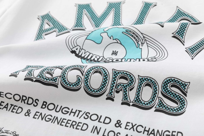 Vintage Streetwear Front Small Amiri Records Logo Print Back Globe Music Letter Graphic Oversized Tee 2 colors 29342427