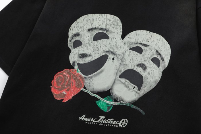 Tragedy Comedy Theater Mask Red Rose Script Print Back Gradient Cracked Productions Letter Graphic Tee 29342942