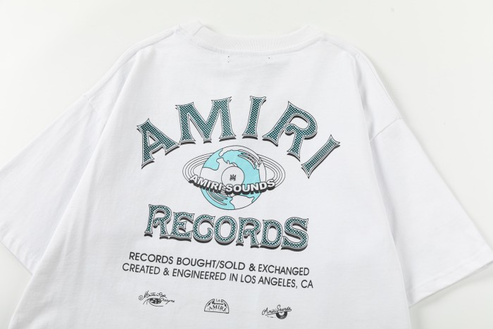 Vintage Streetwear Front Small Amiri Records Logo Print Back Globe Music Letter Graphic Oversized Tee 2 colors 29342427