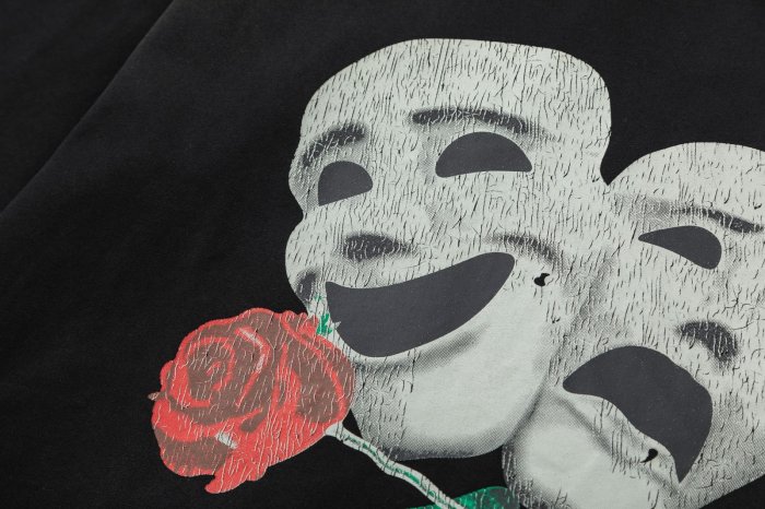 Tragedy Comedy Theater Mask Red Rose Script Print Back Gradient Cracked Productions Letter Graphic Tee 29342942