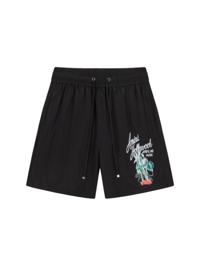 Hollywood Cafe Music Palm Panther Script Print Back Cargo Pocket Leather Label Loose Drawstring Swim Trunk Shorts 29342987