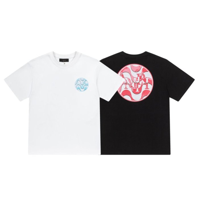 Modern Streetwear Front Small Blue Swirl Circle Logo Print Back Large Red Wave Round Amiri Letter Graphic Oversized Tee 2 colors 29342532