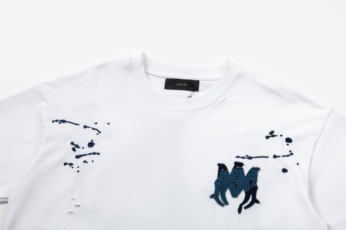 Denim Patch M Logo Ink Splatter Ripped Fabric Print Back Large Denim Stitch Letter Graphic Tee 2 colors 29342946