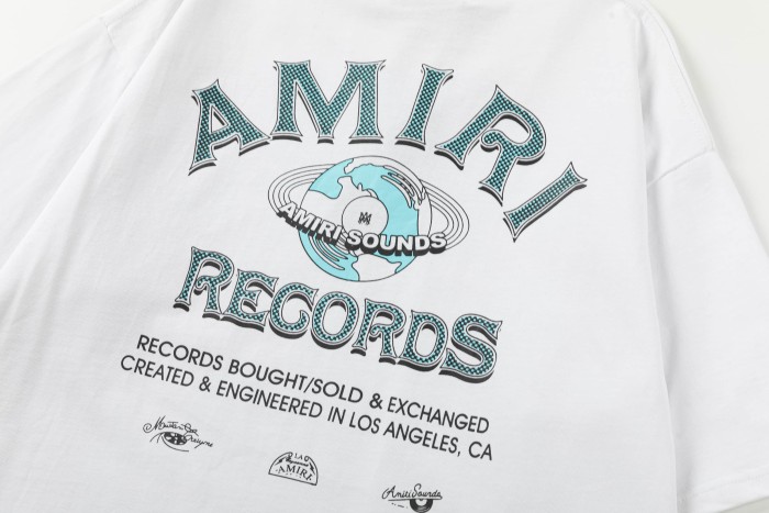 Vintage Streetwear Front Small Amiri Records Logo Print Back Globe Music Letter Graphic Oversized Tee 2 colors 29342427