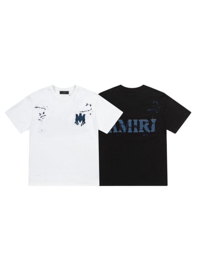 Denim Patch M Logo Ink Splatter Ripped Fabric Print Back Large Denim Stitch Letter Graphic Tee 2 colors 29342946