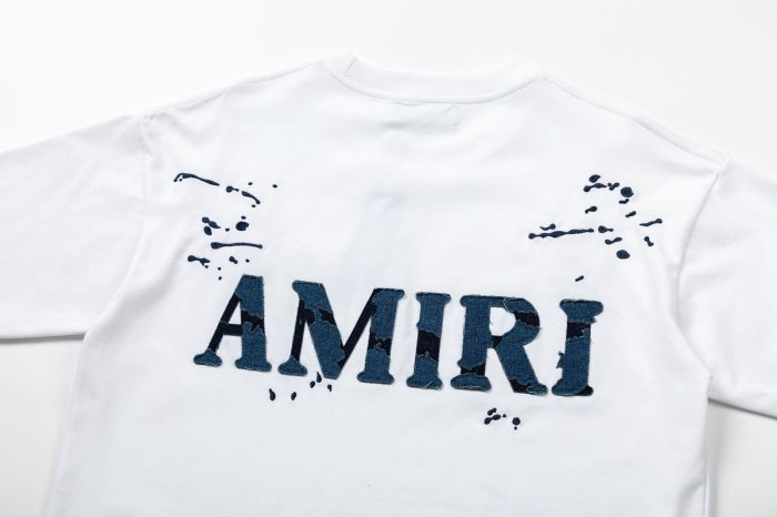 Denim Patch M Logo Ink Splatter Ripped Fabric Print Back Large Denim Stitch Letter Graphic Tee 2 colors 29342946
