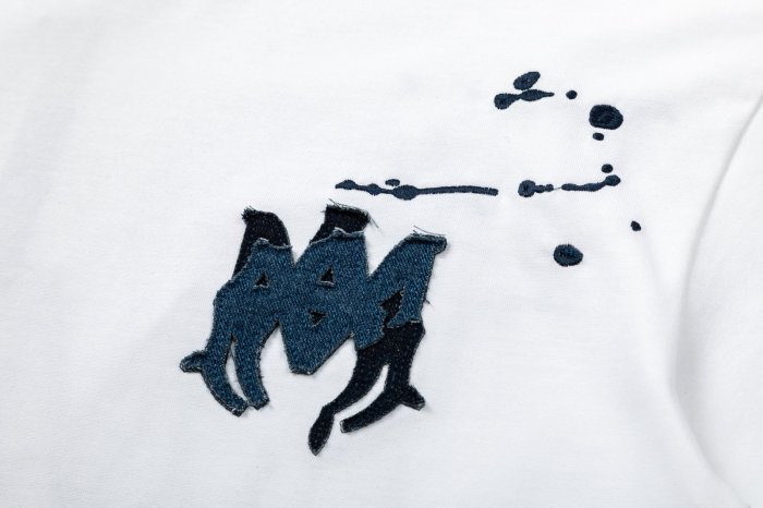 Denim Patch M Logo Ink Splatter Ripped Fabric Print Back Large Denim Stitch Letter Graphic Tee 2 colors 29342946