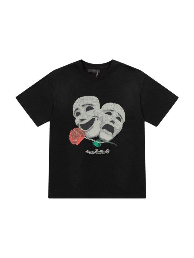 Tragedy Comedy Theater Mask Red Rose Script Print Back Gradient Cracked Productions Letter Graphic Tee 29342942