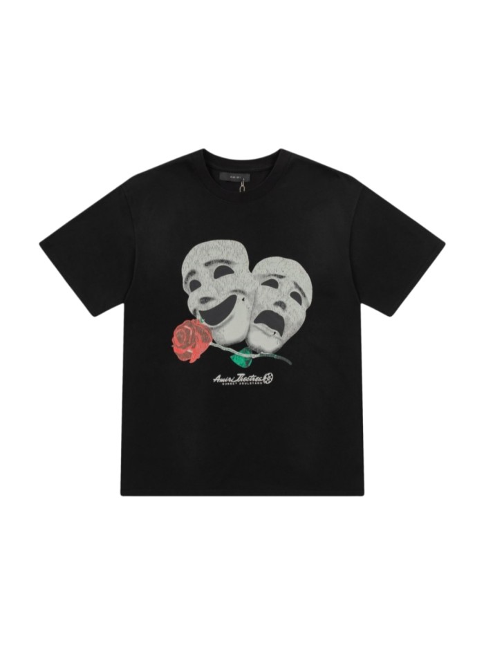 Tragedy Comedy Theater Mask Red Rose Script Print Back Gradient Cracked Productions Letter Graphic Tee 29342942
