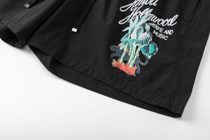 Hollywood Cafe Music Palm Panther Script Print Back Cargo Pocket Leather Label Loose Drawstring Swim Trunk Shorts 29342987