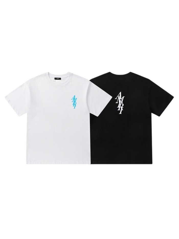 Minimalist High Street Front Small Vertical Stacked Amiri Letter Print Back Large Overlap Amiri Logo Graphic Oversized Tee 2 colors 29342472