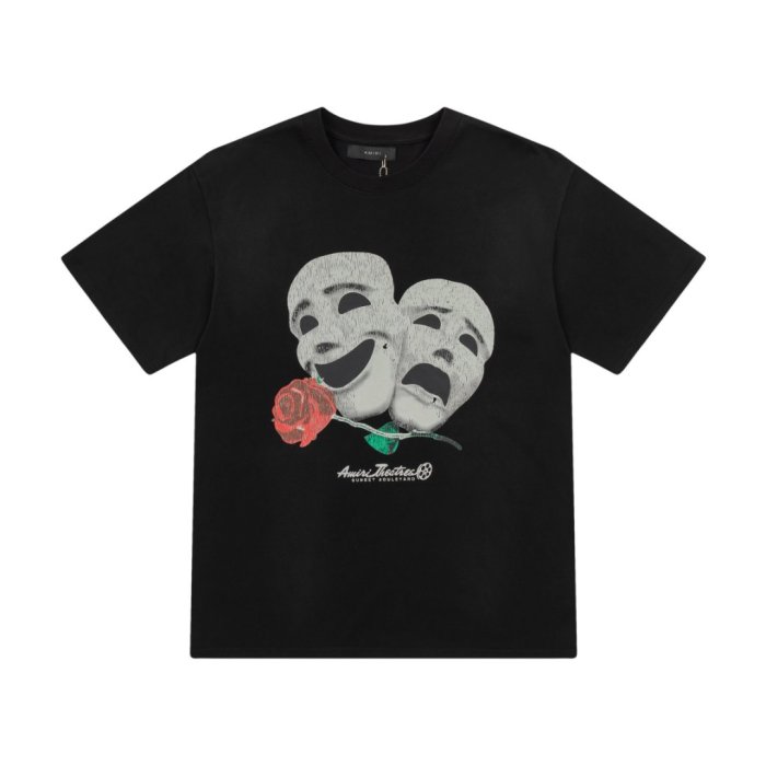 Tragedy Comedy Theater Mask Red Rose Script Print Back Gradient Cracked Productions Letter Graphic Tee 29342942