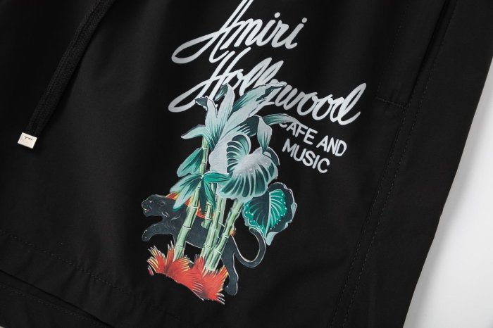 Hollywood Cafe Music Palm Panther Script Print Back Cargo Pocket Leather Label Loose Drawstring Swim Trunk Shorts 29342987
