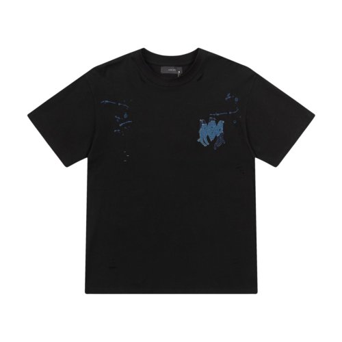 Denim Patch M Logo Ink Splatter Ripped Fabric Print Back Large Denim Stitch Letter Graphic Tee 2 colors 29342946