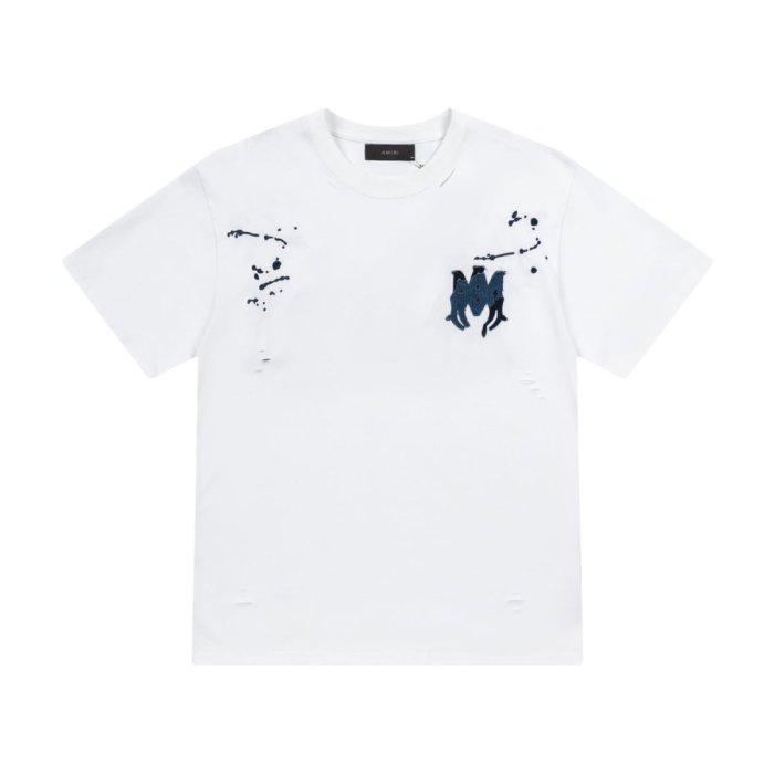 Denim Patch M Logo Ink Splatter Ripped Fabric Print Back Large Denim Stitch Letter Graphic Tee 2 colors 29342946