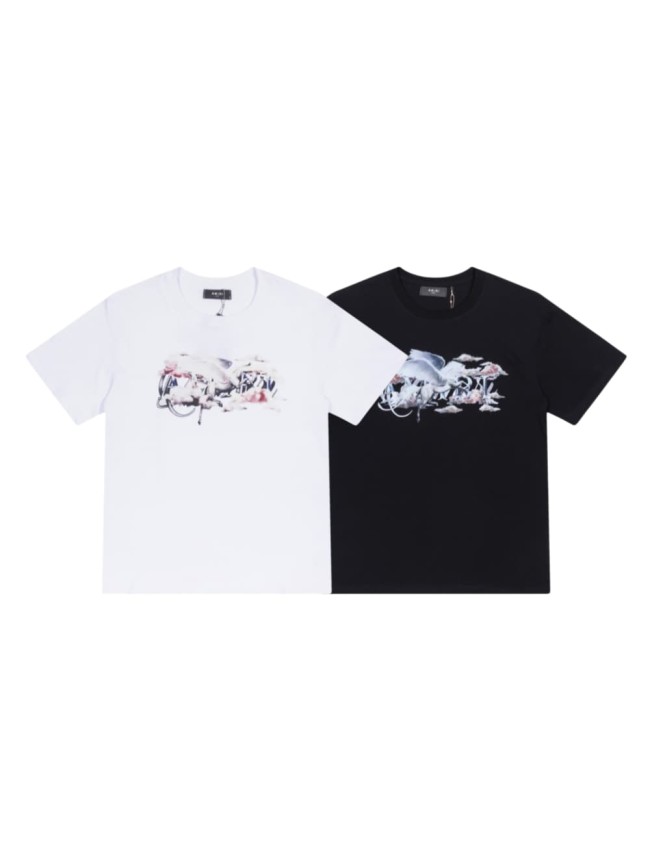 Vintage Luxury High Street Front Center White Crane Pink Cloud Overlay Gothic Amiri Letter Oversized Tee 2 colors 29342422