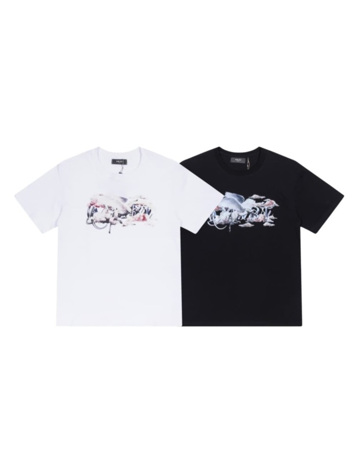 Vintage Luxury High Street Front Center White Crane Pink Cloud Overlay Gothic Amiri Letter Oversized Tee 2 colors 29342422