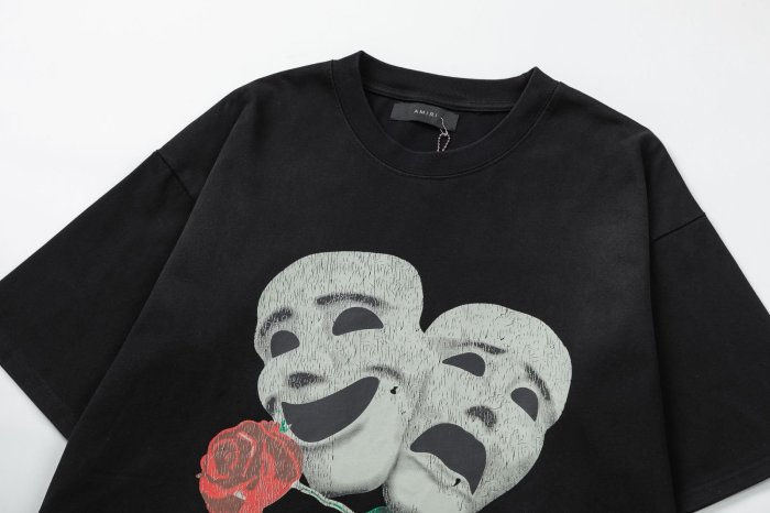 Tragedy Comedy Theater Mask Red Rose Script Print Back Gradient Cracked Productions Letter Graphic Tee 29342942