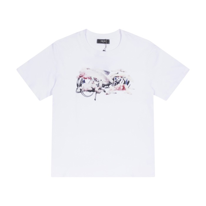 Vintage Luxury High Street Front Center White Crane Pink Cloud Overlay Gothic Amiri Letter Oversized Tee 2 colors 29342422