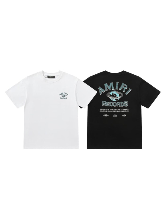Vintage Streetwear Front Small Amiri Records Logo Print Back Globe Music Letter Graphic Oversized Tee 2 colors 29342427