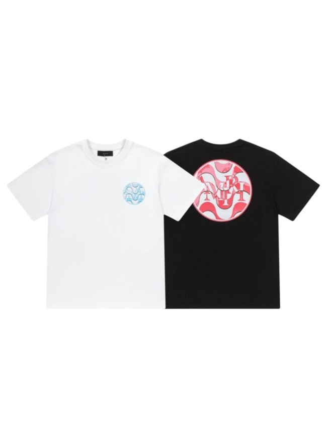 Modern Streetwear Front Small Blue Swirl Circle Logo Print Back Large Red Wave Round Amiri Letter Graphic Oversized Tee 2 colors 29342532