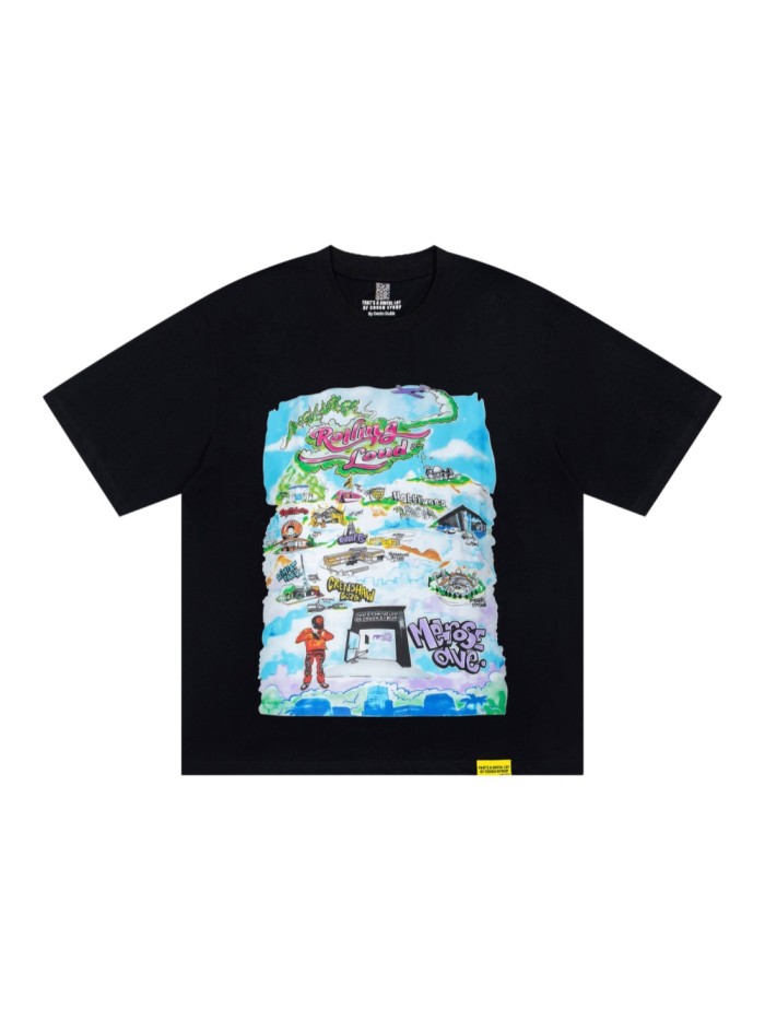 West Coast Hip Hop Streetwear Front Rolling Loud City Map Landmark Character Multicolor Cartoon Illustration Print Back Green Outline Flame Wavy Oversized T-Shirt 29343931