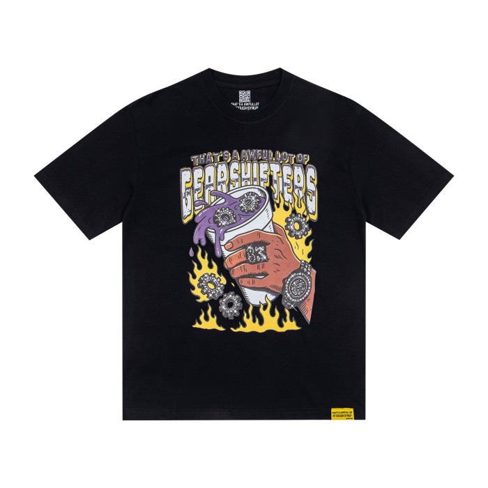 Grunge Streetwear Mechanic Hand Cup Gear Flame Gothic Letter Print Back Stacked 3D Outline Gearshifters Slogan Graphic Oversized T-Shirt 2 colors 29343893