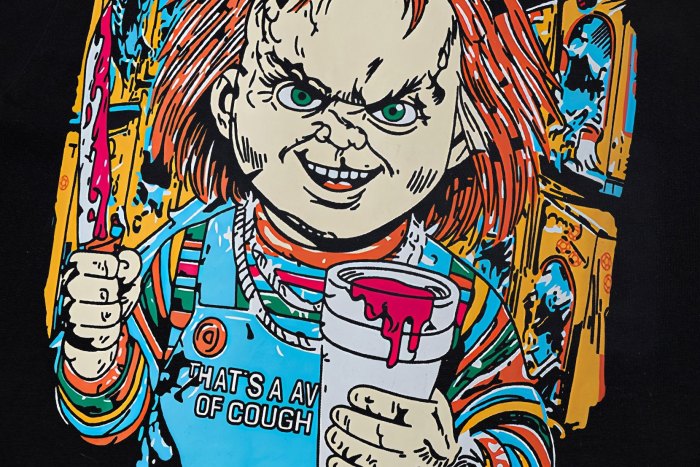 Horror Hip Hop Streetwear Front Chucky Doll Knife Syrup Cup Drip Graffiti Letter Cartoon Print Oversized T-Shirt 29344001