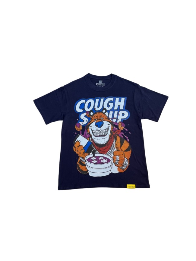 West Coast Casual Fashion Solid Navy Blue Laid Back Tiger Mascot Pour Syrup Graffiti Bubble Font Print T-Shirt 29344147