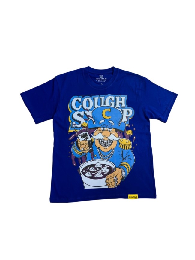 West Coast Casual Fashion Bright Royal Blue Captain Mascot Pour Syrup Graffiti Bubble Font Print T-Shirt 29344090