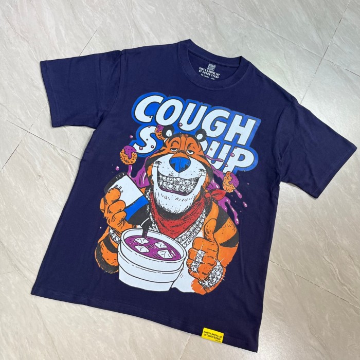 West Coast Casual Fashion Solid Navy Blue Laid Back Tiger Mascot Pour Syrup Graffiti Bubble Font Print T-Shirt 29344147