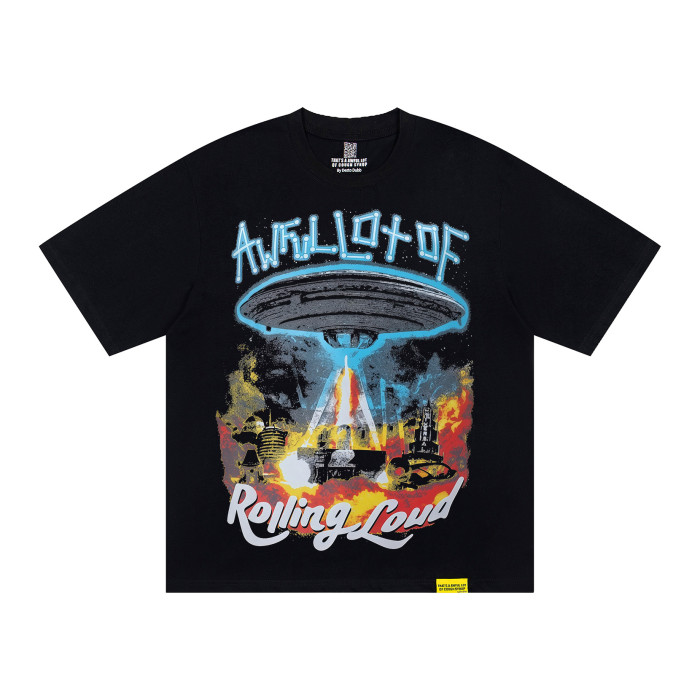 Hip Hop Streetwear Front Neon Light Bulb Outline Text Ufo Spaceship Abduct Burning City Vintage Cosmic Sky Print Oversized T-Shirt 29344003