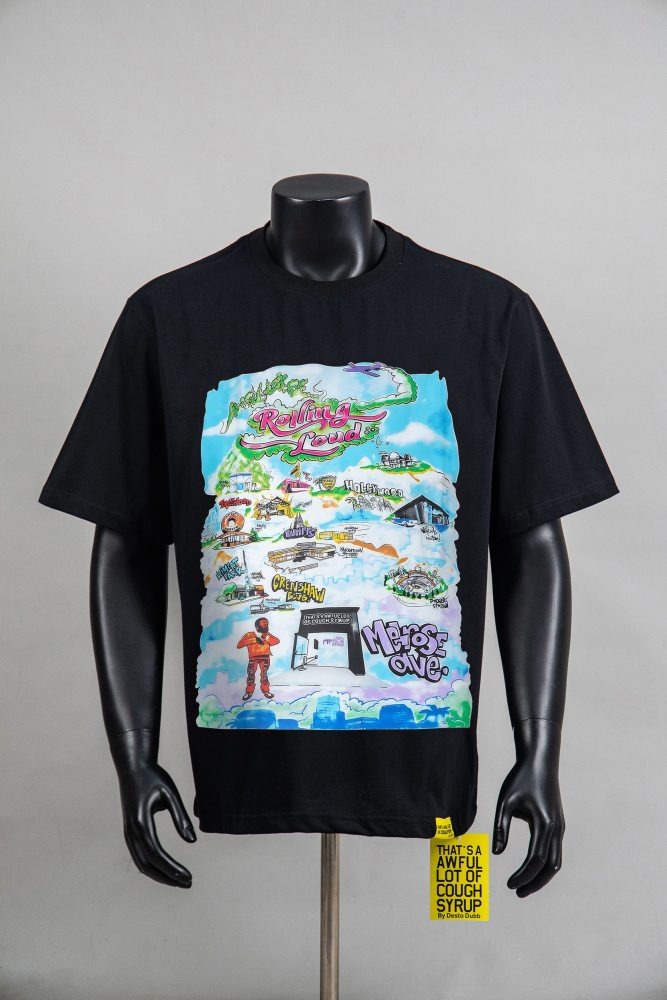 West Coast Hip Hop Streetwear Front Rolling Loud City Map Landmark Character Multicolor Cartoon Illustration Print Back Green Outline Flame Wavy Oversized T-Shirt 29343931