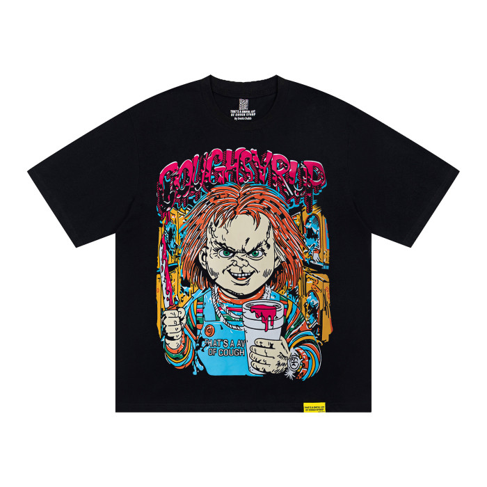 Horror Hip Hop Streetwear Front Chucky Doll Knife Syrup Cup Drip Graffiti Letter Cartoon Print Oversized T-Shirt 29344001