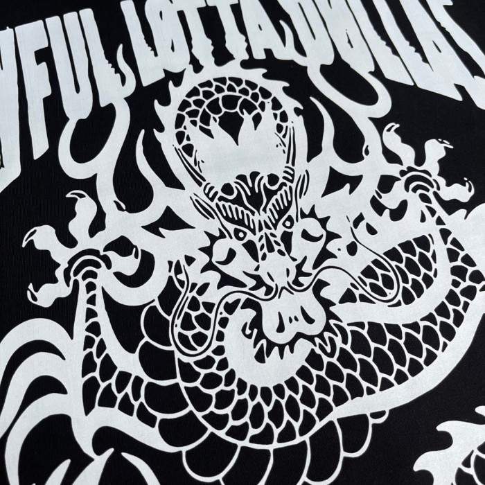 Retro Festival Streetwear Black Base Oriental Dragon Line Drawing Gothic Typography Music Tour Print T-Shirt 29344175
