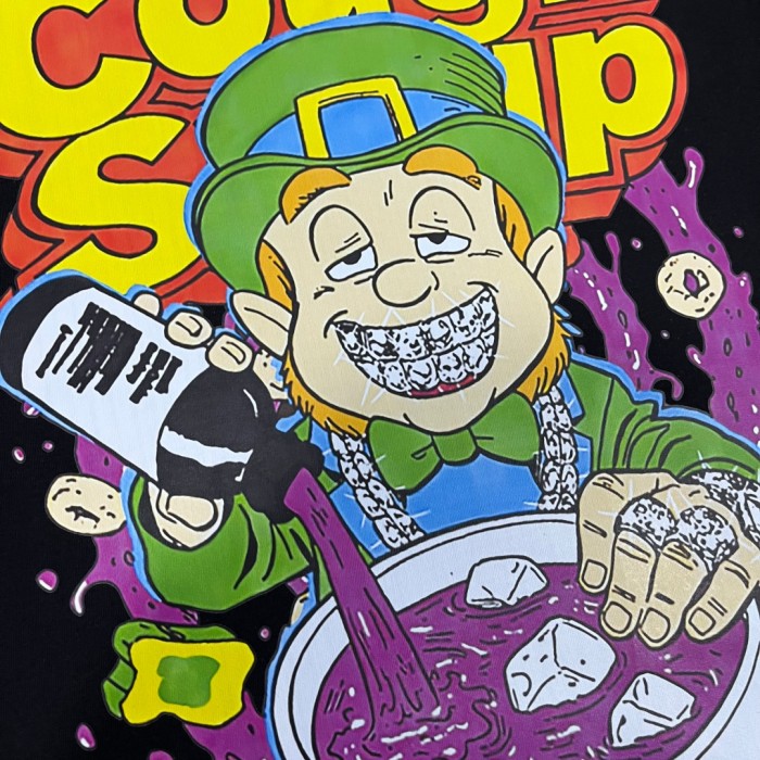 Retro Holiday Streetwear Front Green Leprechaun Diamond Grill Teeth Syrup Bottle Cup Drip Cartoon Art Print Oversized T-Shirt 2 colors 29344022
